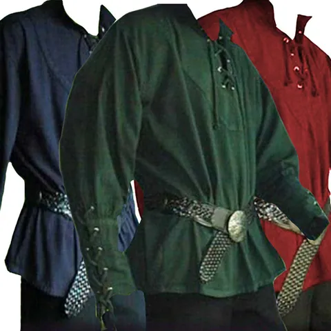 Men Medieval Renaissance Tunic Retro Lace-up Stand Collar Loose Shirt Top Performance Costume With Braided Belt Polyester