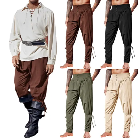 Pantaloni da Uomo Medievali Vichinghi Pirata Vintage in Misto Cotone Stringati con Polsini alla Caviglia Pantaloni Casual Renaissance