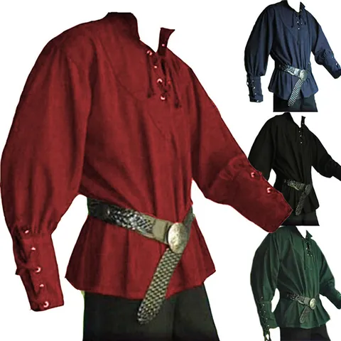 Men Medieval Renaissance Tunic Retro Lace-up Stand Collar Loose Shirt Top Performance Costume With Braided Belt Polyester