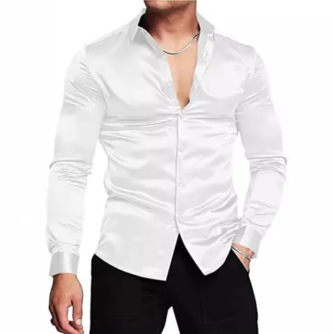 Men's Fashion Shiny Satin Dress Shirt Long Sleeve Turn-Down Collar Slim Fit Casual Party Shirts For Men Clothing