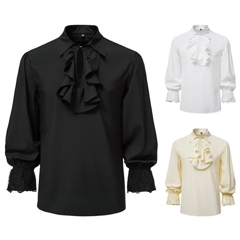 Middeleeuws Steampunk Roffelhemd Voor Heren Lange Mouw Gothische Victoriaanse Jabot Kraag Kant Manchetten Renaissance Halloween Kostuum Banketfeest Top