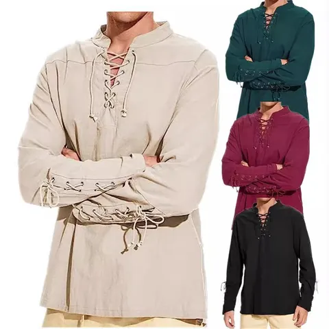 Chemise en Coton Rétro à Lacets avec Col en V Profond pour Hommes Style Pirate Médiéval Vintage Haut Ample à Manches Longues Décontracté Couleur Unie