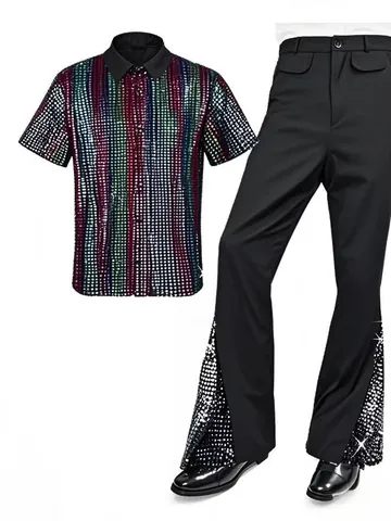 Ensemble de Costume Disco Années 70 pour Homme Chemise à Manches Longues à Paillettes et Pantalon Patte d'éléphant Top et Bottom