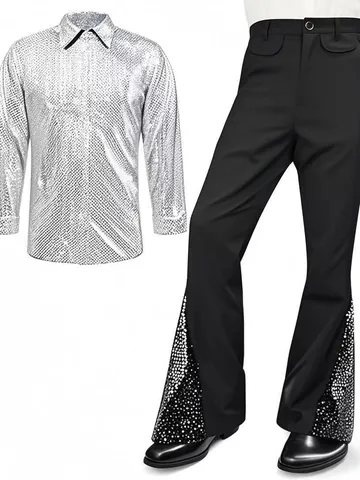 Ensemble de Costume Disco Années 70 pour Homme Chemise à Manches Longues à Paillettes et Pantalon Patte d'éléphant Top et Bottom