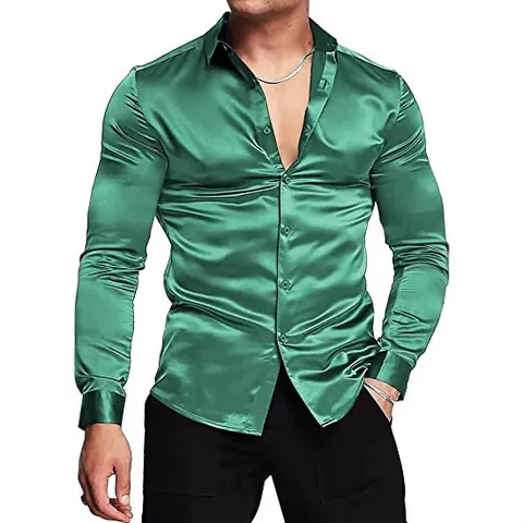 Heren Glanzend Satijn Overhemd Vintage Disco Stijl Lange Mouw Casual Button Up Top Metallic Glans Effen Feesthemd