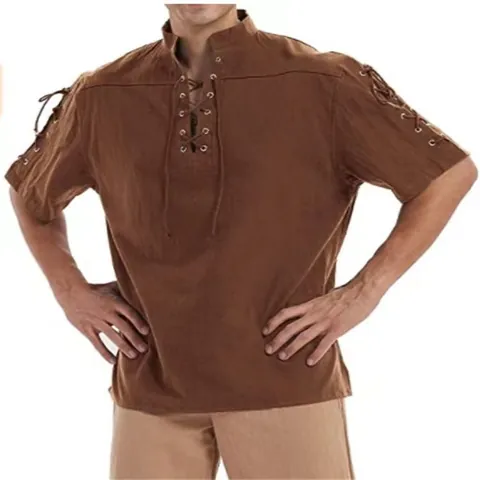 Heren Middeleeuws Piraat Polo Shirt Viking Steampunk Vintage Renaissance Gothic Vetersluiting Korte Mouw Top Linnen