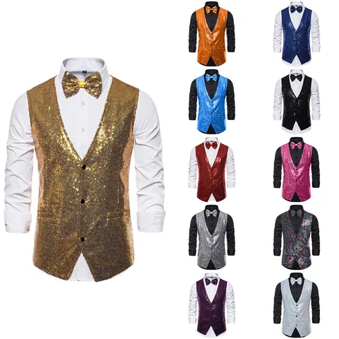 Men Stage Performance Sequin Vest Waistcoat V-Neck Glitter Suit Vest With Bow Tie For Host Singer Wedding Party Top