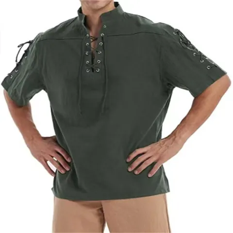 Heren Middeleeuws Piraat Polo Shirt Viking Steampunk Vintage Renaissance Gothic Vetersluiting Korte Mouw Top Linnen