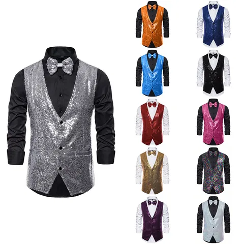 Men Stage Performance Sequin Vest Waistcoat V-Neck Glitter Suit Vest With Bow Tie For Host Singer Wedding Party Top