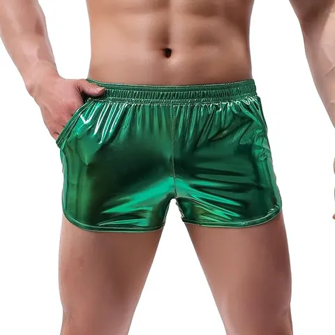 Men's Casual Metallic Shiny Shorts Loose Fit Summer Beach Shorts Trendy Glossy Cotton Blend Bottoms For Party Outdoor