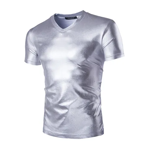 Maglietta da Uomo Slim Fit Metallizzata Lucida Manica Corta Girocollo Pullover Nightclub Party Top Maglia Base Lucida alla Moda per Uomo