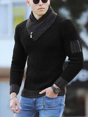 Men Slim Fit Patchwork Knit Pullover Scarf Collar Long Sleeve Sweater British Style Urban Fashion Winter Knitwear Top