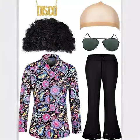 Herren 70er Jahre Disco Kostüm Vintage Floral Hemd Und Schwarze Schlaghose Top Und Bottom Retro Bühne Outfit