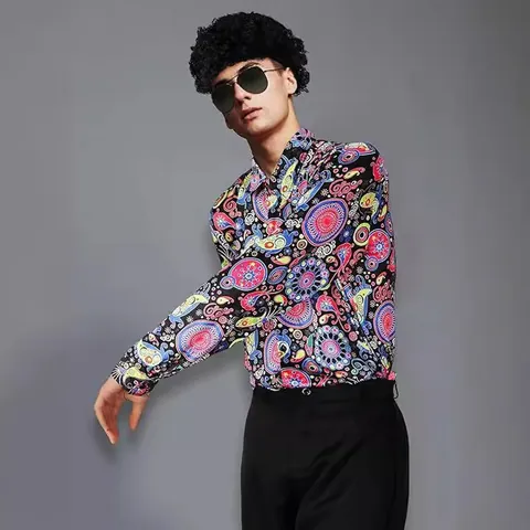 Herren 70er Jahre Disco Kostüm Vintage Floral Hemd Und Schwarze Schlaghose Top Und Bottom Retro Bühne Outfit