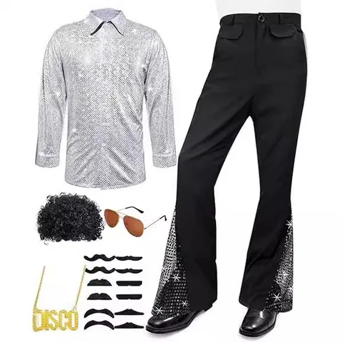 Hombre Disfraz Disco Años 70 Camisa Manga Larga Lentejuelas Pantalón Campana Retro Escenario Fiesta Cosplay Conjunto