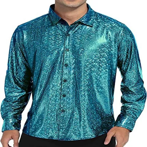 Herren Glänzendes Metallic Langarm Hemd Pailletten Button Down Hemd Für Cosplay Bühne Performance Disco Party Revers Top
