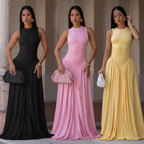 Elegantes Damen Ärmelloses Rundhals Maxikleid Einfarbig Slim Fit Plissee Patchwork Langes Kleid Für Bankett Party
