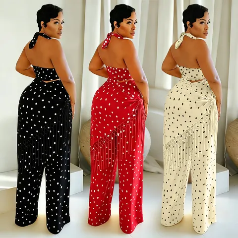 Dames Stippen Neckholder Crop Top En Wijde Broek Met Franjes Tweedelige Set Casual Zomer Strand Vakantie Outfit Top And Bottom