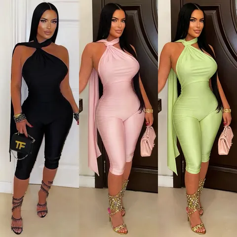 Women Sexy Halter Neck Backless Ruched Jumpsuit Slim Fit Solid Color Polyester Patchwork Top And Bottom Casual Romper