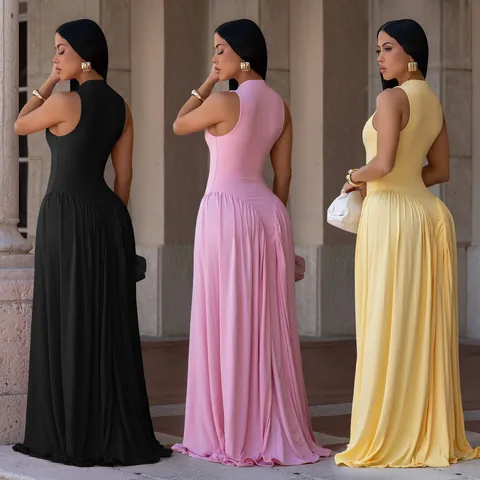 Elegantes Damen Ärmelloses Rundhals Maxikleid Einfarbig Slim Fit Plissee Patchwork Langes Kleid Für Bankett Party
