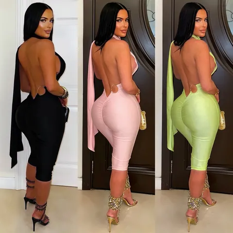 Women Sexy Halter Neck Backless Ruched Jumpsuit Slim Fit Solid Color Polyester Patchwork Top And Bottom Casual Romper