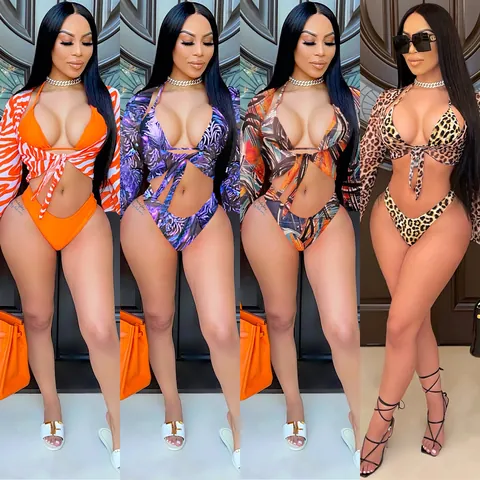 Women Sexy Animal Print Mesh Bikini Top And Bottom With Long Sleeve Cover Up Halter Triangle Swimwear For Beach Holiday