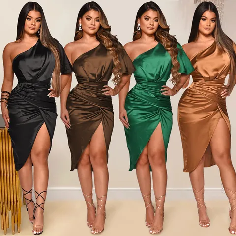 Damen Sexy Ein-Schulter Gerafft Hoher Schlitz Midi Kleid Einfarbig Satin-Optik Slim Fit Bodycon Formelles Party Abendkleid