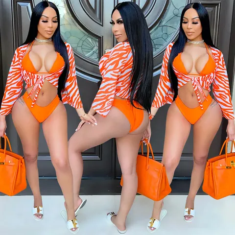 Women Sexy Animal Print Mesh Bikini Top And Bottom With Long Sleeve Cover Up Halter Triangle Swimwear For Beach Holiday