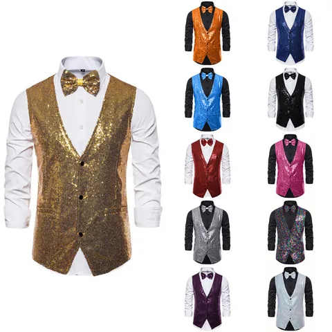 Gilet Homme à Paillettes Performance Scène Col en V Scintillant Gilet de Costume Avec Noeud Papillon pour Mariage Fête Top