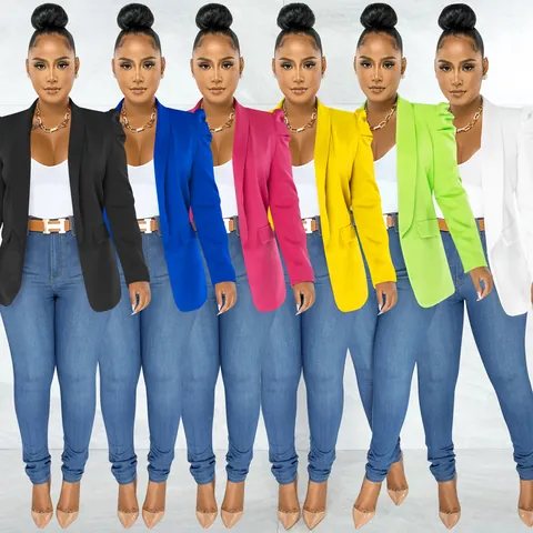 Damen Gerüscht Langarm Blazer-Jacke Einfarbig Elegant Offene Front Revers Slim Fit Office Lady Polyester Oberbekleidung