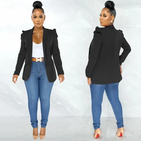 Damen Gerüscht Langarm Blazer-Jacke Einfarbig Elegant Offene Front Revers Slim Fit Office Lady Polyester Oberbekleidung