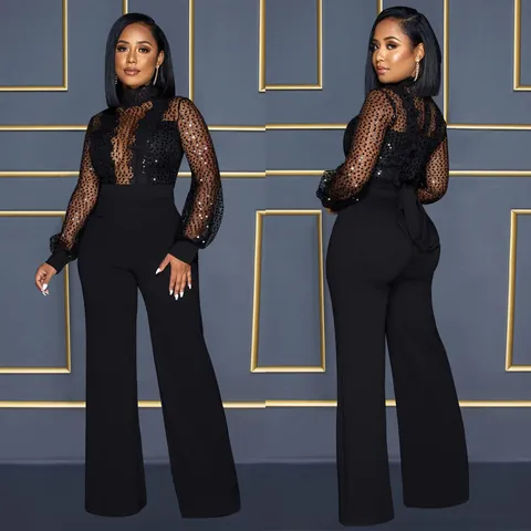 Damen Fashion Hohl Pailletten Jumpsuit Elegant Langarm Perspektive Weites Bein Einteiler Schnüren Overalls Party Clubwear