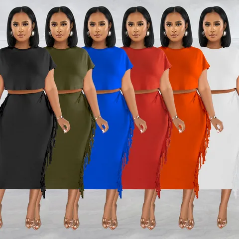 Completi Gonna Due Pezzi Eleganti da Donna con Frange Girocollo Manica Corta Crop Top e Gonna Midi Tinta Unita Poliestere Elastan Vestibilità Aderente
