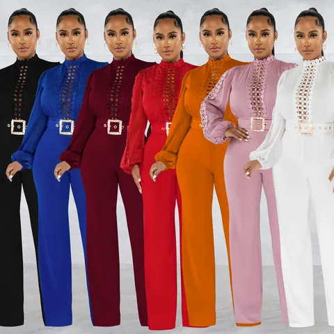 Damen Elegant Polyester Ausgehöhlt Spitze Jumpsuit X6345 Einfarbig Langarm Lange Hose Romper Mit Gürtel Für Party Pendler