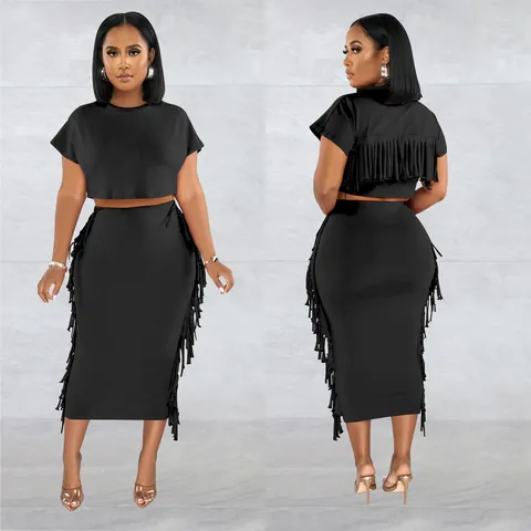 Completi Gonna Due Pezzi Eleganti da Donna con Frange Girocollo Manica Corta Crop Top e Gonna Midi Tinta Unita Poliestere Elastan Vestibilità Aderente