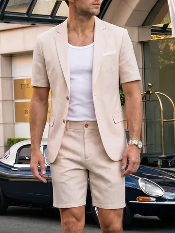 Men Casual Short Sleeve Blazer And Shorts Top And Bottom Solid Color Polyester Summer Outfit Gentleman Suit Daily Office Wear
