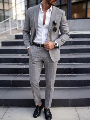 British Style Slim Fit Plaid Business Suit For Men Grey Notched Lapel Top And Bottom For Banquet Wedding Formal Event