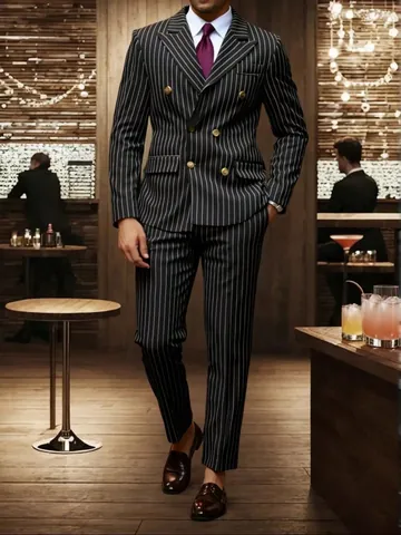 Conjunto Traje Hombre Poliéster Raya Diplomática Cruzado Solapa Pico Slim Fit Chaqueta Y Pantalón Para Boda