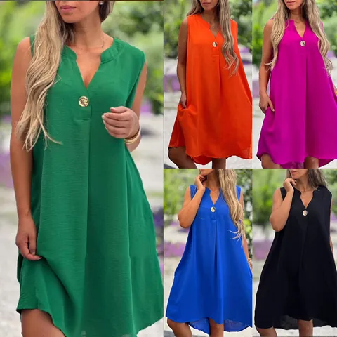 Vestido Casual de Verano para Mujer con Cuello en V Sin Mangas Color Sólido Decoración de Botones Suéter Vestido Midi Suelto Cómodo