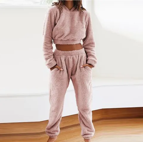 Conjunto de Ropa de Descanso de Felpa para Mujer Color Sólido Parte Superior y Pantalones con Capucha Manga Larga Otoño
