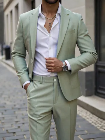 Men Business Suit Set Polyester Notch Lapel Single Breasted Slim Fit Blazer And Pants For Wedding Banquet Office Dress