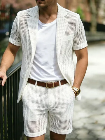 Men's Summer Casual Mesh Suit Set Breathable Short Sleeve Blazer And Shorts Top And Bottom Solid White Vacation Outfits