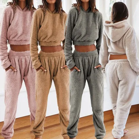 Conjunto de Ropa de Descanso de Felpa para Mujer Color Sólido Parte Superior y Pantalones con Capucha Manga Larga Otoño