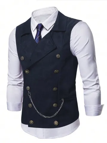 Men's Slim Fit Double Breasted Waistcoat With Metal Chain Business Casual Sleeveless Vest Top Polyester Suit Vest