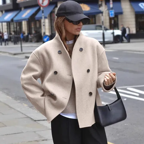 Women Casual Polyester Double Breasted Woolen Coat British Style Elegant Lapel Outerwear Fashion Short Jacket Top