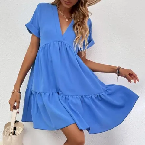 Robe Mini à Étages pour Femmes avec Col en V et Manches Courtes Robe d'Été Élégante de Couleur Unie Décontractée en Ligne A