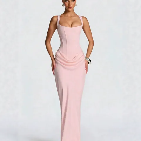 Women Elegant Square Neck Sleeveless Maxi Dress Sexy Ruched Bodycon Fish Tail Evening Party Dress Polyester Spandex Slim Long Dress