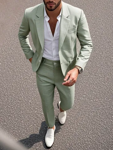 Conjunto De Traje De Negocios Para Hombre Moderno Poliéster Solapa De Muesca Blazer Y Pantalón Para Boda Cena Ocasión Formal