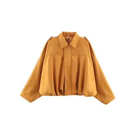 Women's Vintage Suede Bomber Jacket Retro Turn-Down Collar Zip Up Cropped Flight Jacket With Shoulder Tabs Casual Loose Outerwear Top