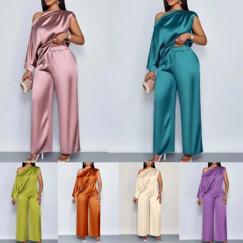Conjunto Casual de Satén de Dos Piezas para Mujer Top Diagonal de un Hombro y Pantalones de Pierna Ancha de Talle Alto